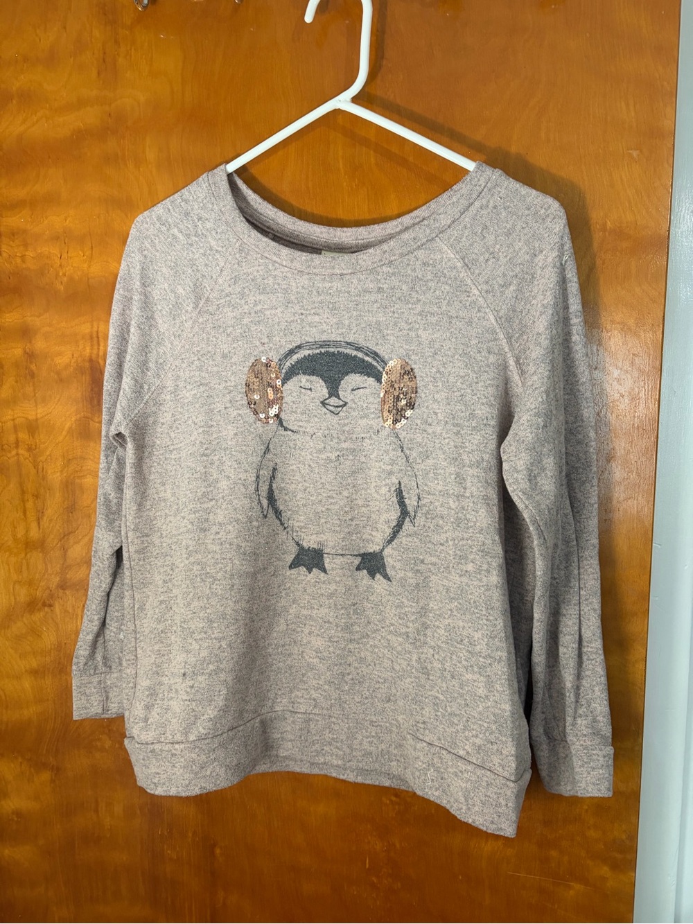 Faded Glory Gray Penguin Crewneck Sweater with Sequin Earmuffs
